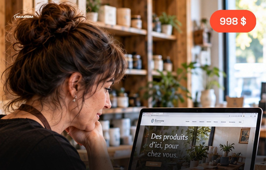 Commerçante regardant le site web que IMACOM vient de concevoir pour sa boutique